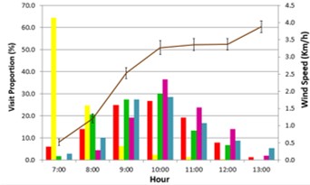 Visit proportion for each observation hour and its corresponding average environmental conditions of temperature (ºC). (a) solar radiation (Lux), (b) relative humidity (%), (c) and (d) wind speed (km/h).